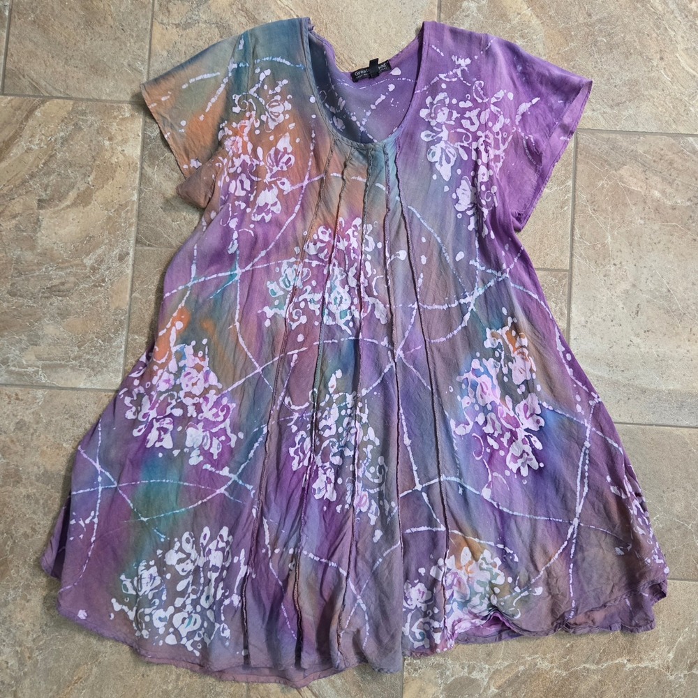 GreaterGood Purple Batik Tie Dye Cotton Tunic Top Women L/XL Boho Short Sleeve